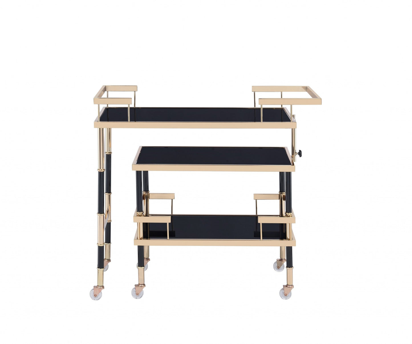 HomeRoots 16" x 36" x 34" Metal Casters Serving Cart With Gold Black and Smoky Glass Finish