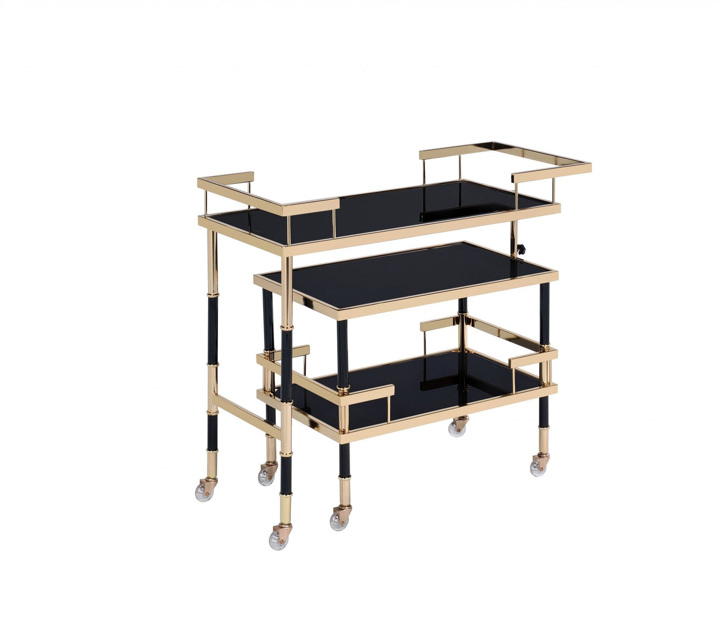 HomeRoots 16" x 36" x 34" Metal Casters Serving Cart With Gold Black and Smoky Glass Finish