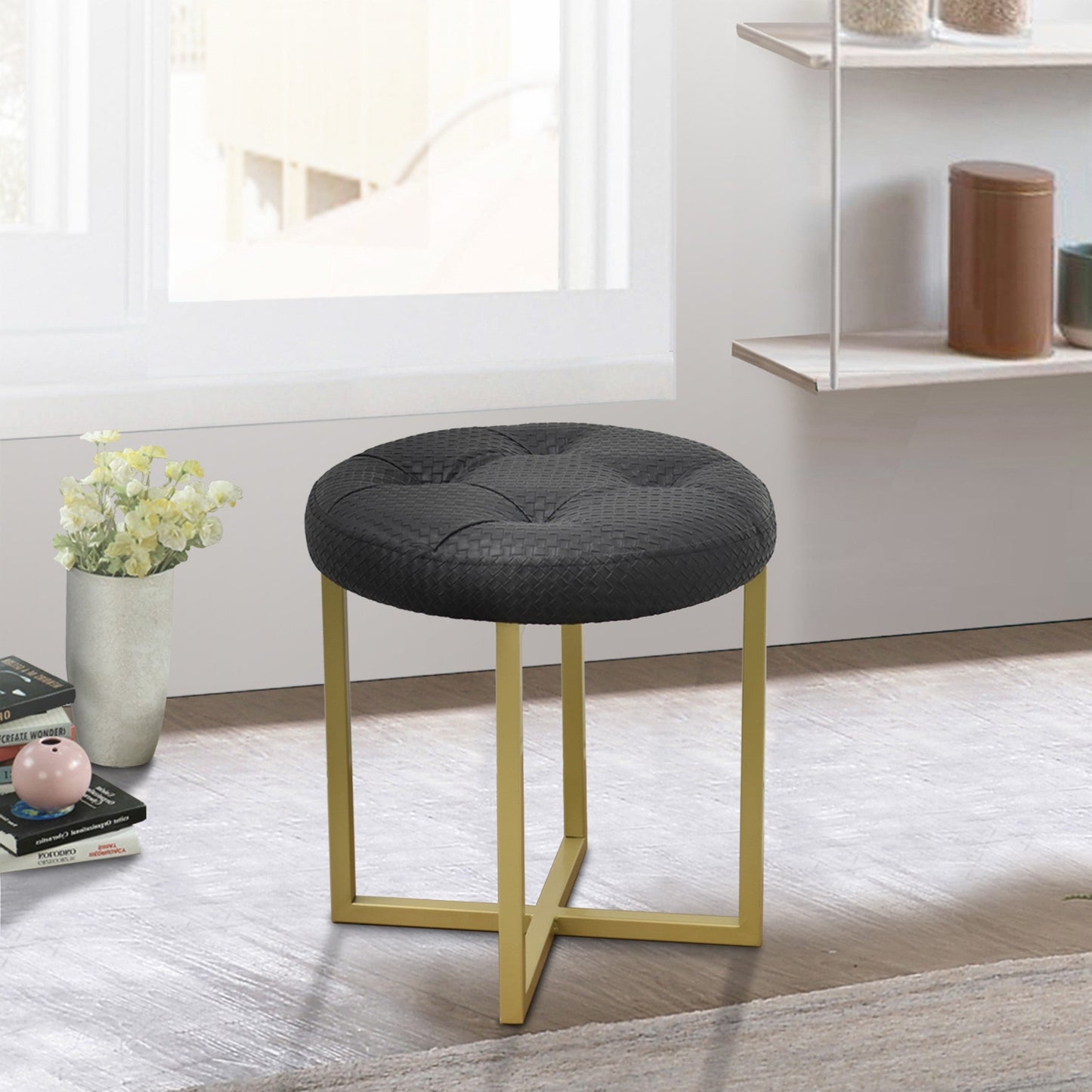 HomeRoots 17" Black Tufted Faux Leather Stool With Gold Base Finish