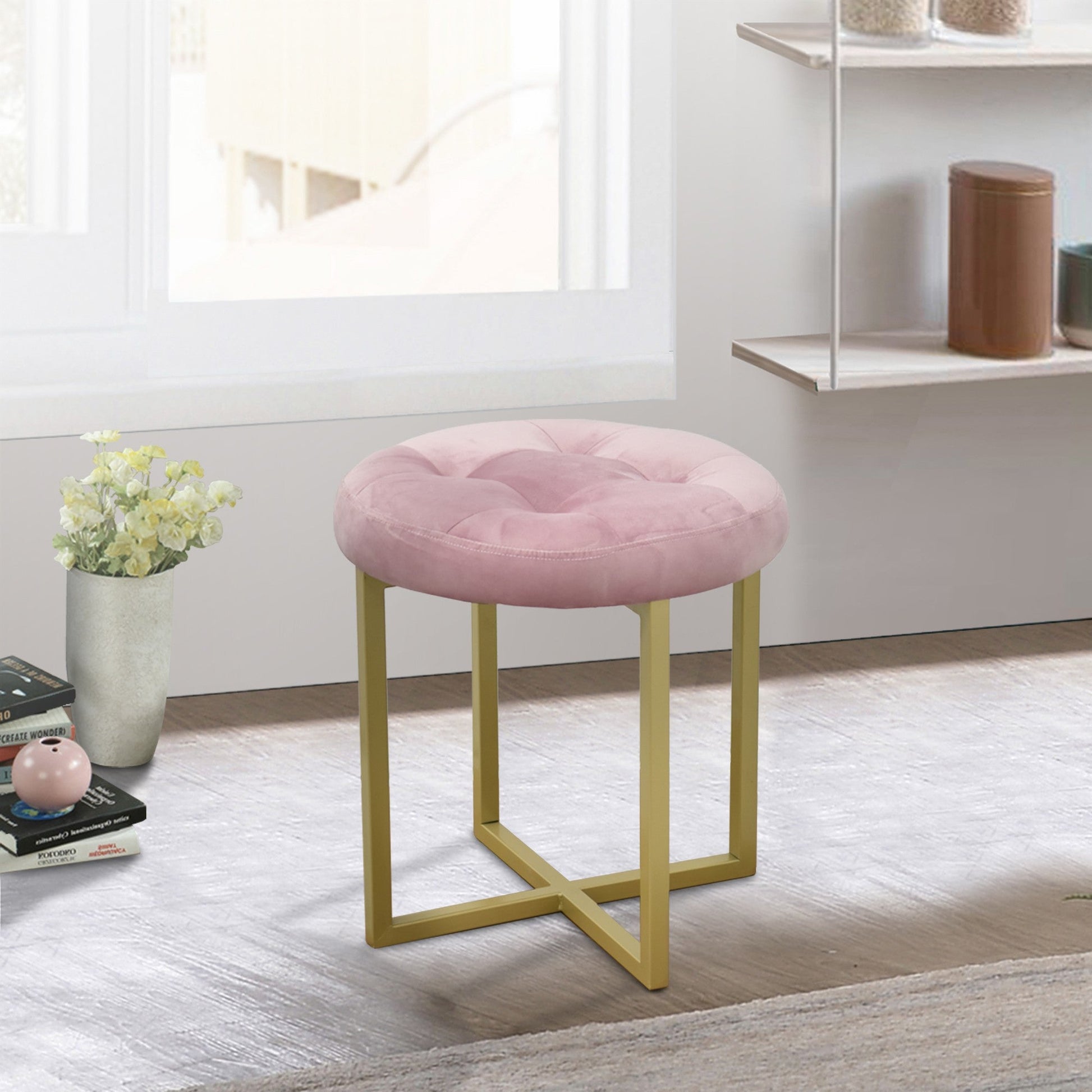 HomeRoots 17" Pink Tufted Velvet Stool With Gold Base Finish
