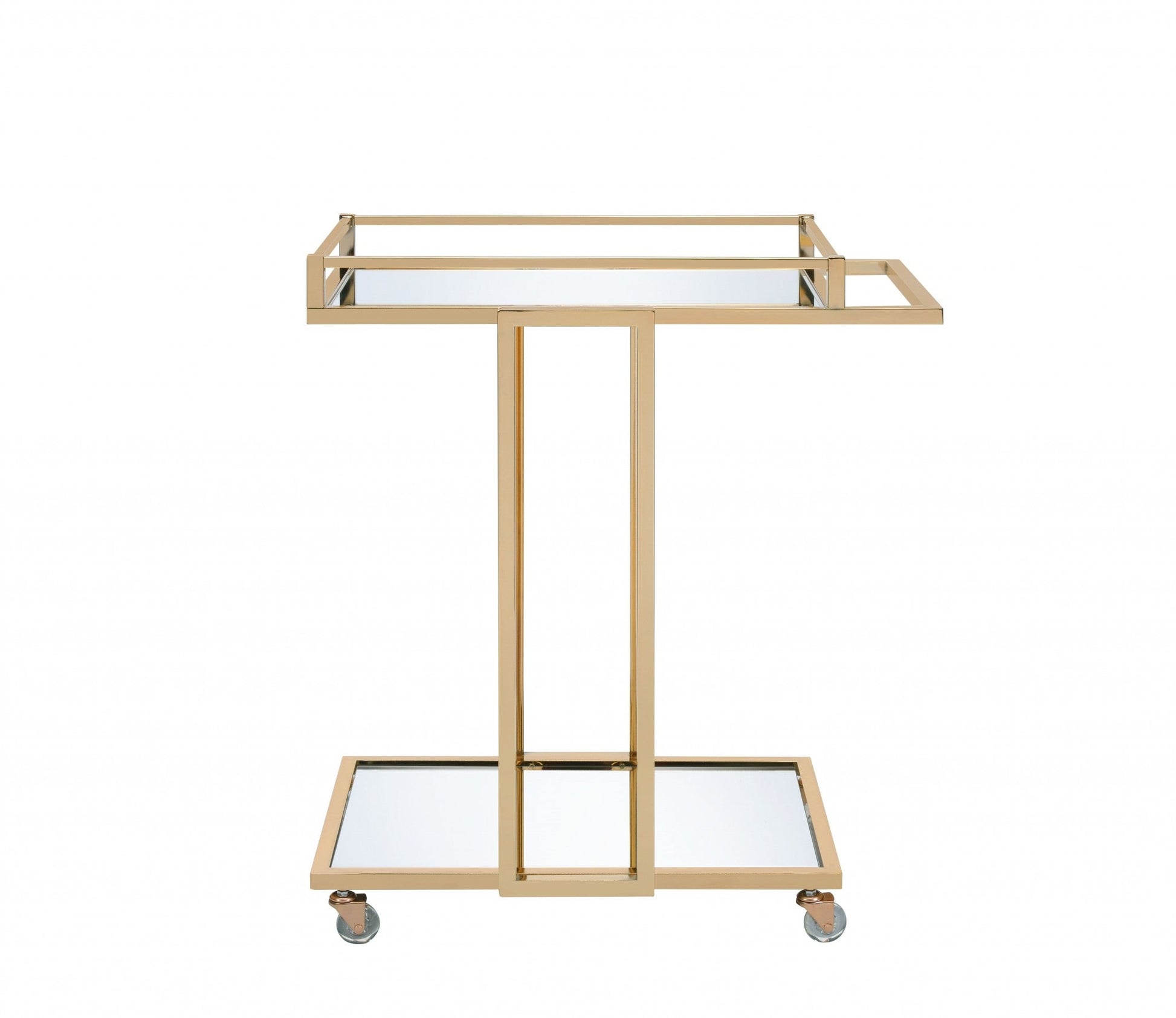 HomeRoots 17" X 29" X 33" Metal Casters Serving Cart in Gold Finish With Mirror Accents