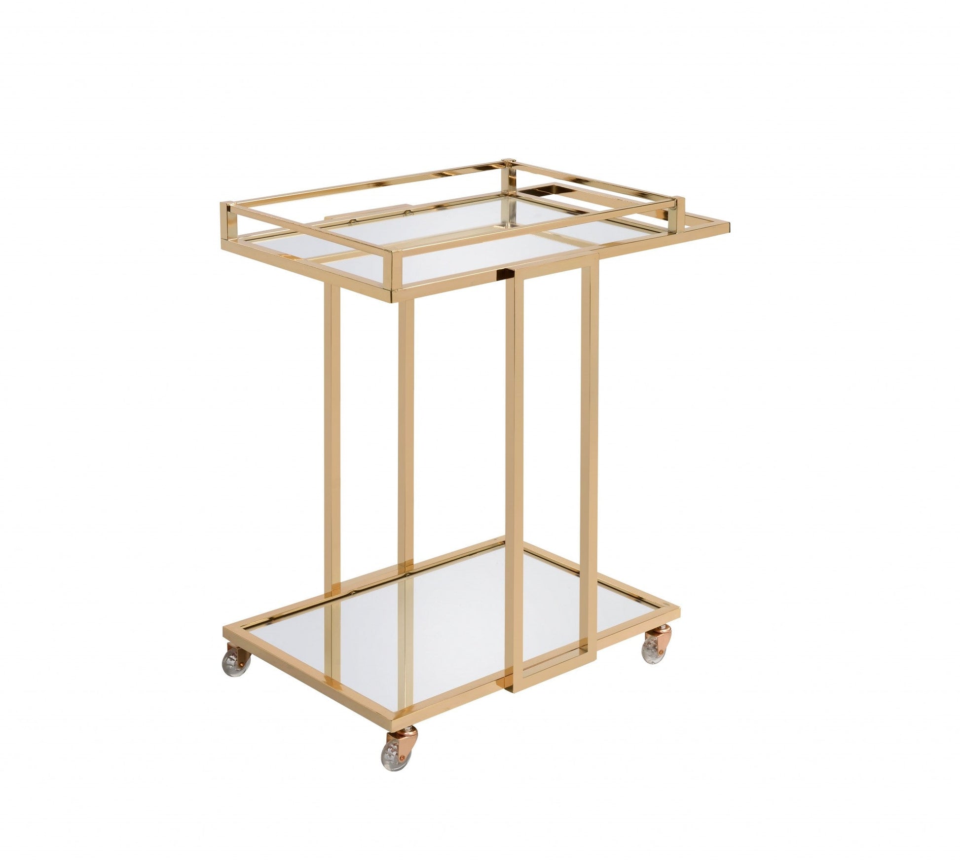 HomeRoots 17" X 29" X 33" Metal Casters Serving Cart in Gold Finish With Mirror Accents