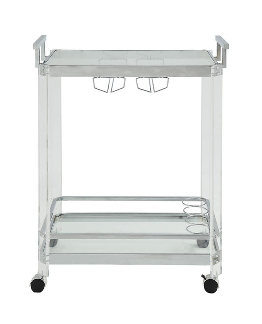 HomeRoots 17" x 29" x 35" Metal and Acrylic Serving Cart With Clear Glass Counter in Chrome Finish