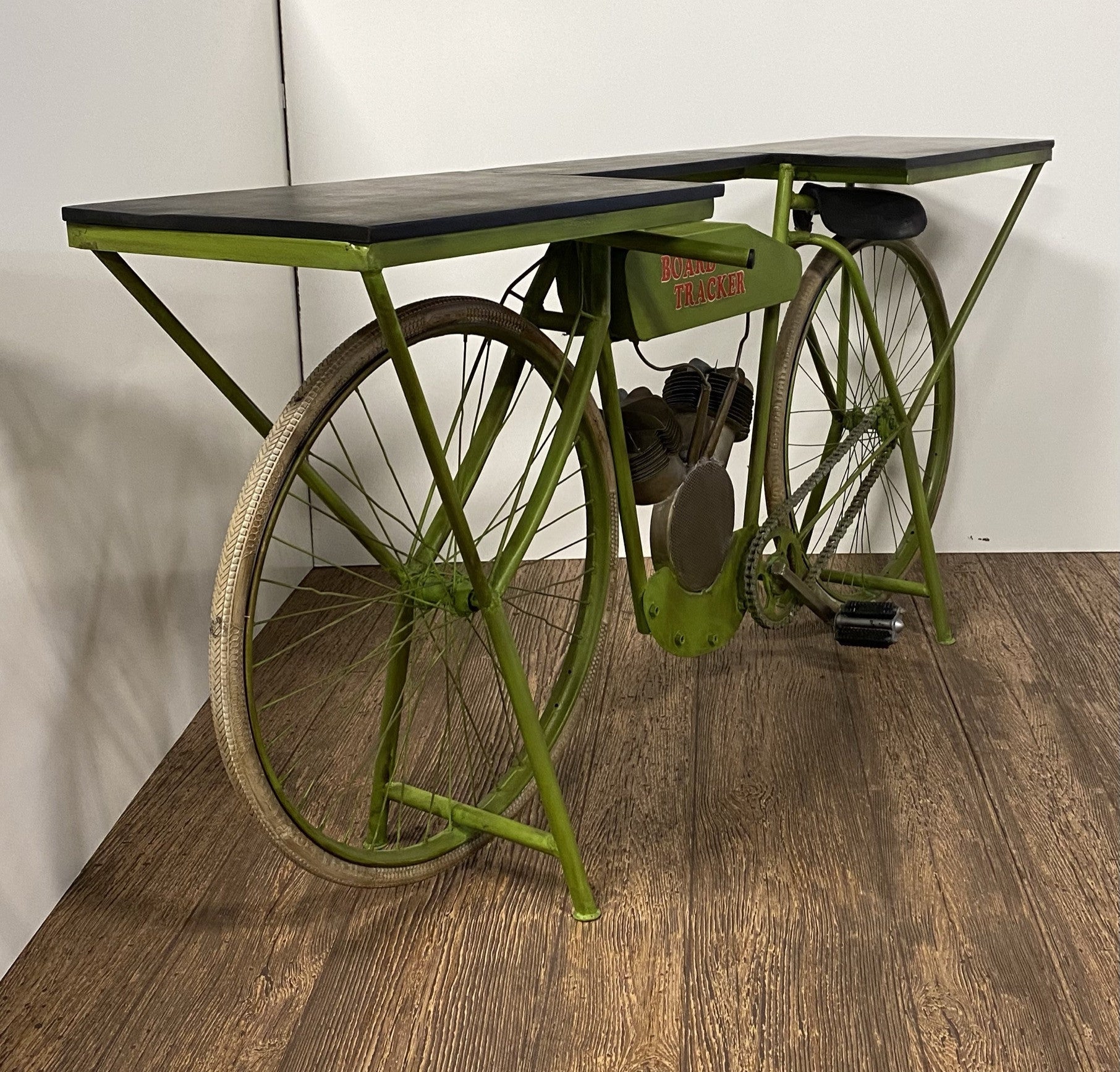 HomeRoots 17" x 71" x 33.5" HD Bike Counter in Antiqued Green Finish