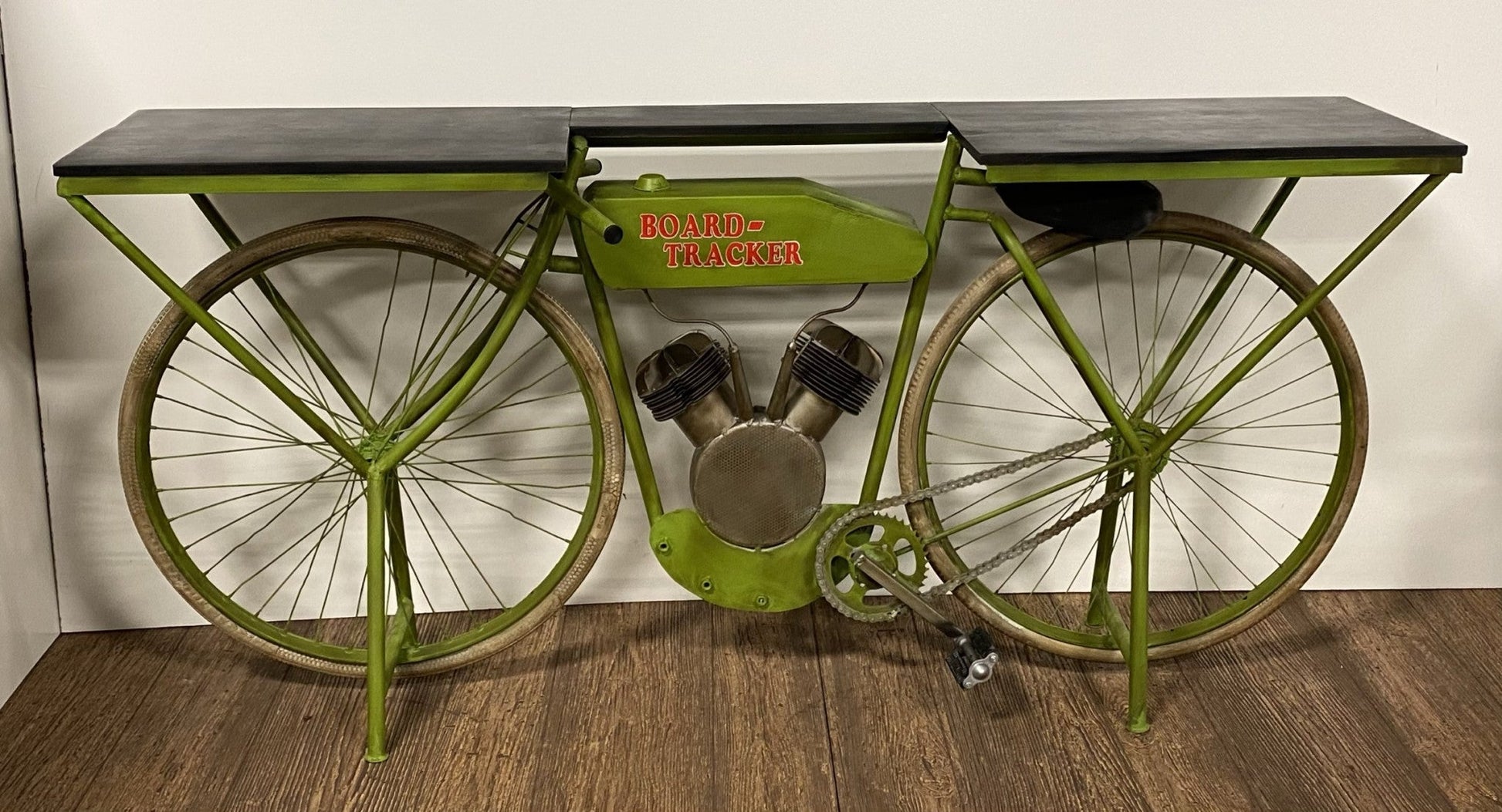HomeRoots 17" x 71" x 33.5" HD Bike Counter in Antiqued Green Finish