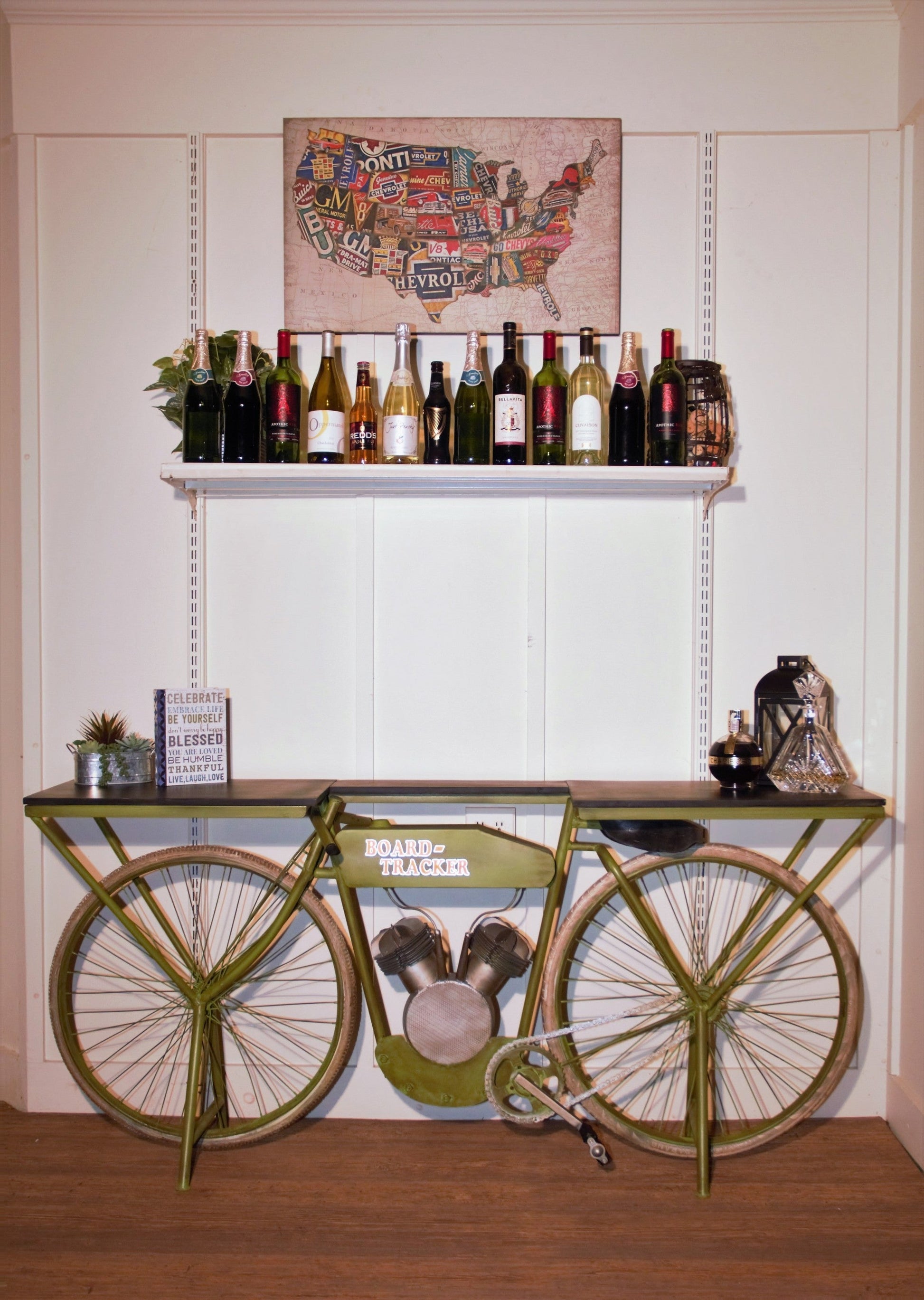 HomeRoots 17" x 71" x 33.5" HD Bike Counter in Antiqued Green Finish