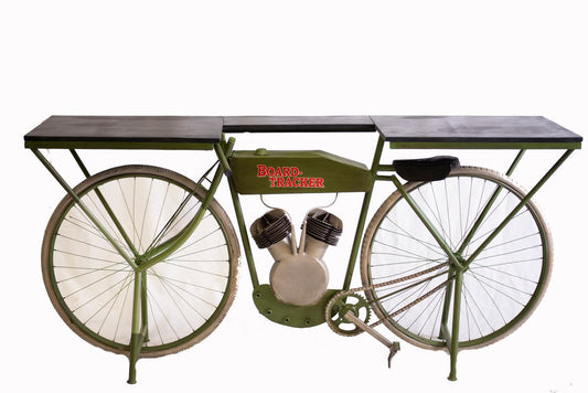 HomeRoots 17" x 71" x 33.5" HD Bike Counter in Antiqued Green Finish