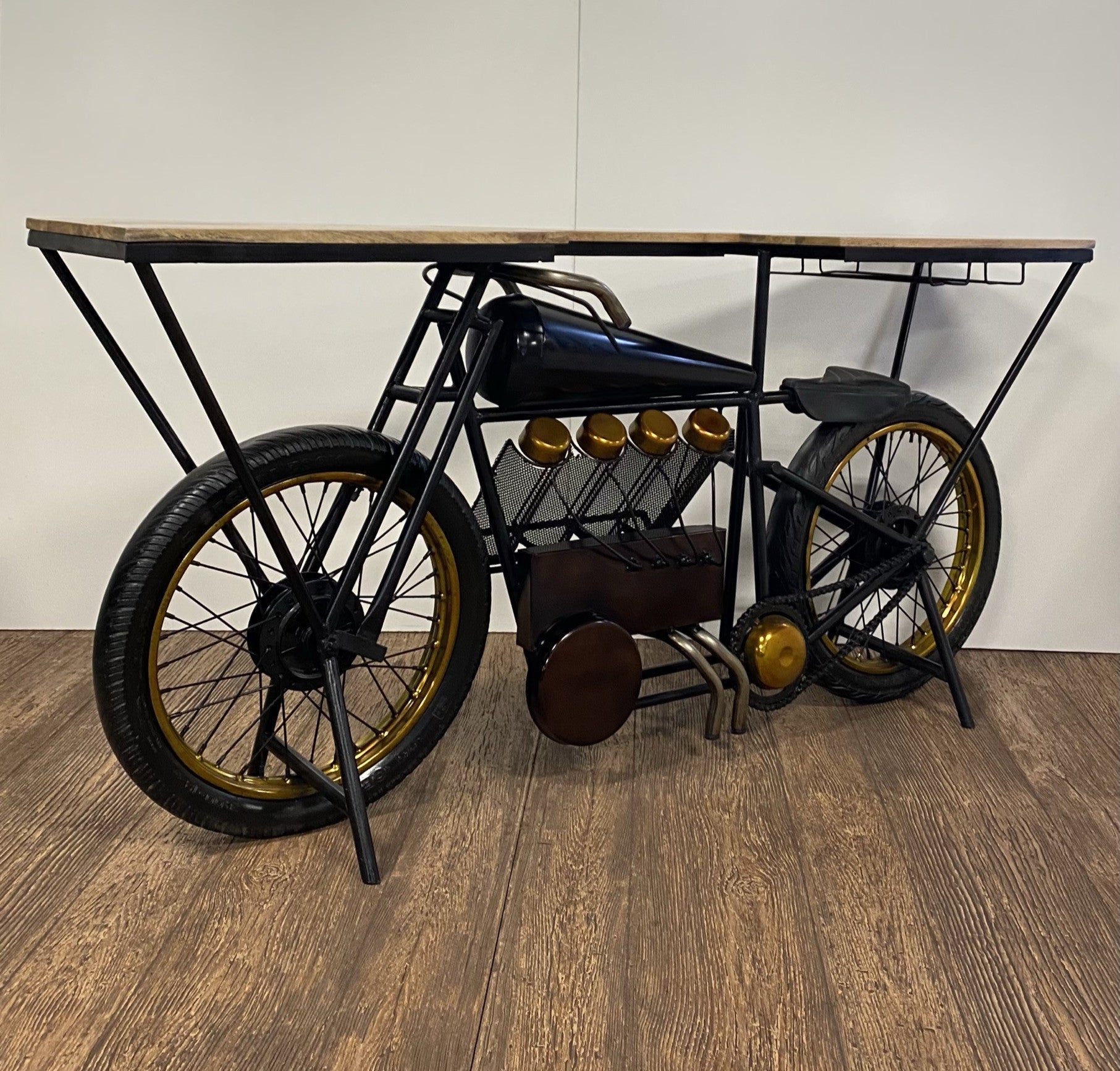 HomeRoots 17 x 71 x 35 Black Motorcycle Wine Bar in Antiqued Black Kitchen Oasis