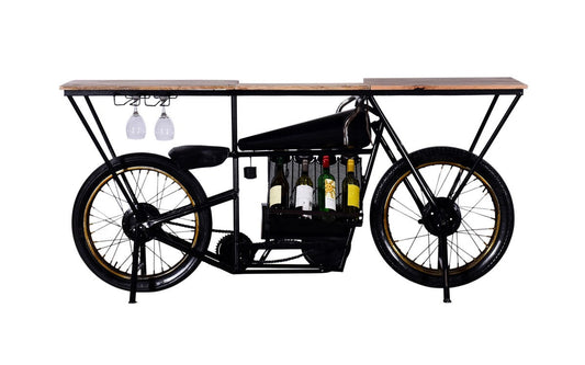 HomeRoots 17" x 71" x 35" Black Motorcycle Wine Bar in Antiqued Black Finish