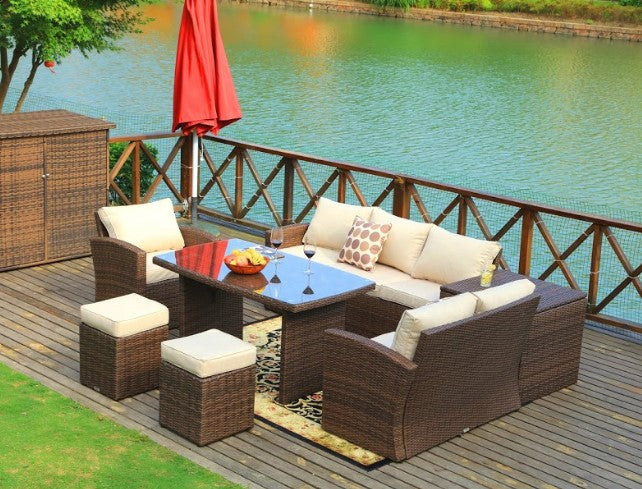 HomeRoots 179.85" x 31.89" x 32.68" Brown Steel Outdoor Sectional Sofa Set With Ottomans And Storage Box in Set of Seven