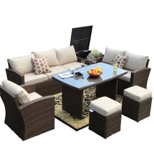 HomeRoots 179.85" x 31.89" x 32.68" Brown Steel Outdoor Sectional Sofa Set With Ottomans And Storage Box in Set of Seven