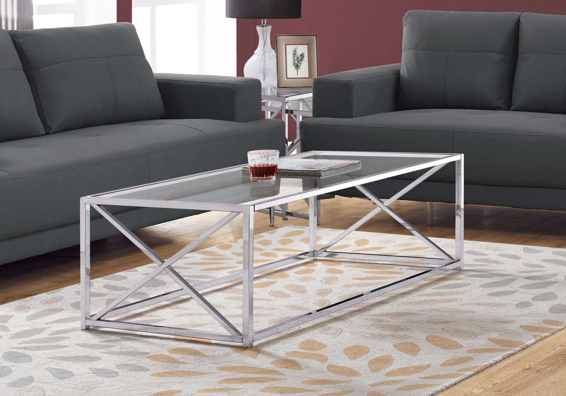 HomeRoots 17.25" Chrome Metal and Clear Tempered Glass Coffee Table