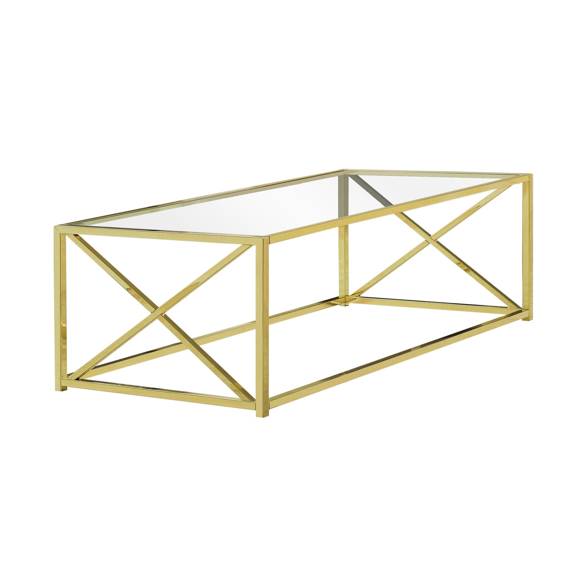 HomeRoots 17.25" Gold Metal and Clear Tempered Glass Coffee Table