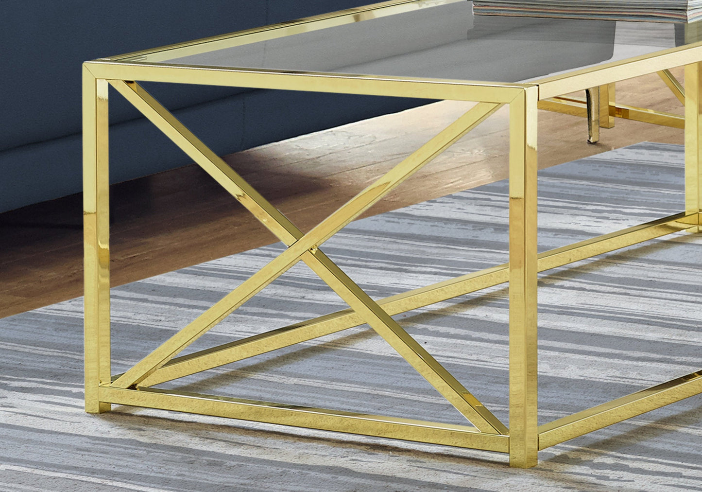 HomeRoots 17.25" Gold Metal and Clear Tempered Glass Coffee Table