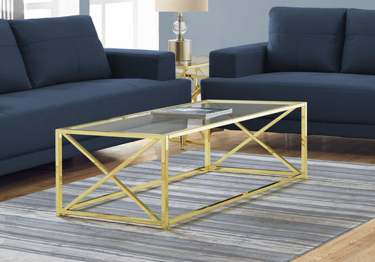 HomeRoots 17.25" Gold Metal and Clear Tempered Glass Coffee Table