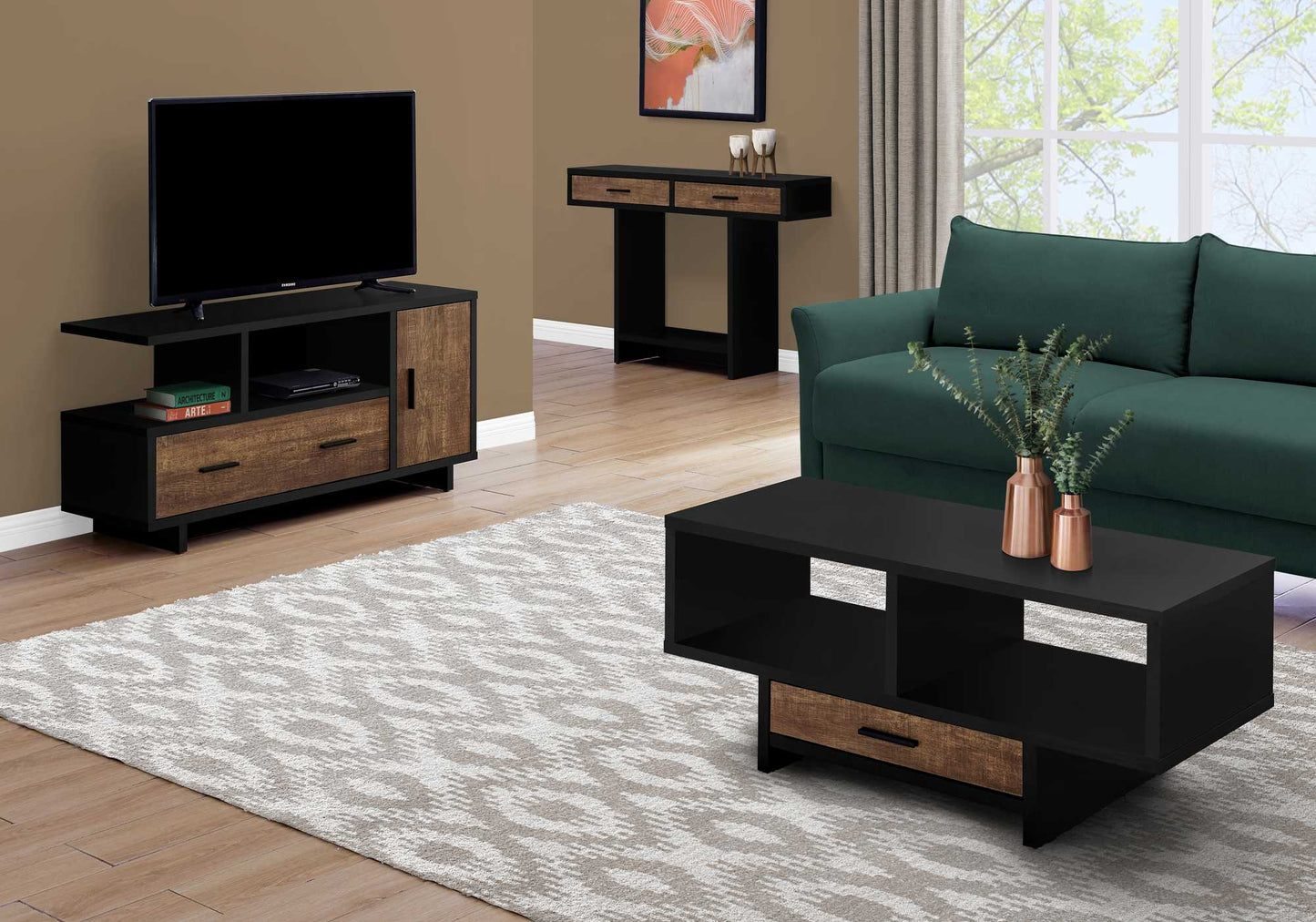 HomeRoots 17.75" x 42.25" x 18" Black Brown Particle Board Hollow Core Coffee Table