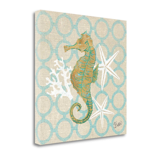 HomeRoots 18" Beach Seahorse on Linen Giclee Print on Gallery Wrap Canvas Wall Art