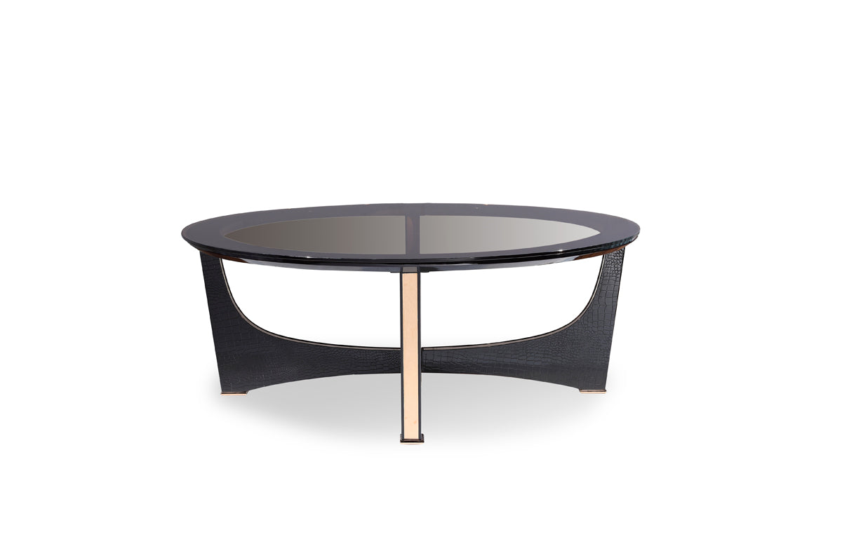 HomeRoots 18' Black Crocodile Textures and Rosegold and Glass Coffee Table
