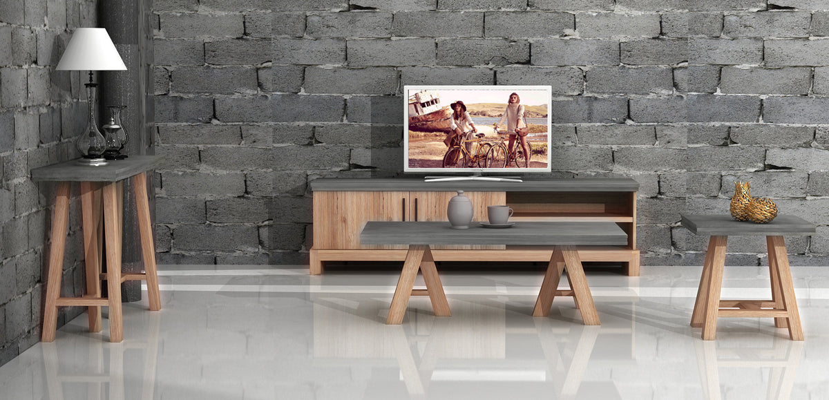 HomeRoots 18" Concrete and Solid Acacia Wood Coffee Table