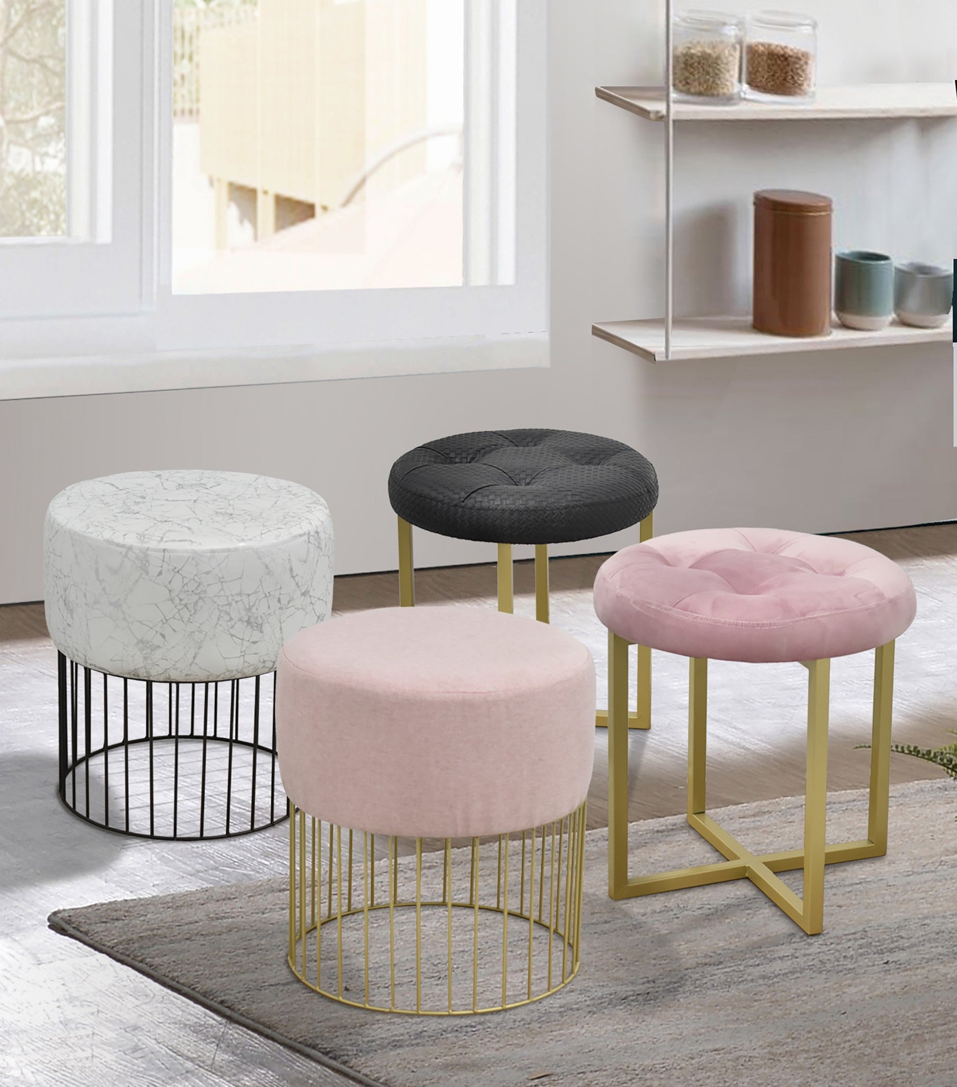 HomeRoots 18" Gray Marble Faux Leather and Gold Cylindrical Stool