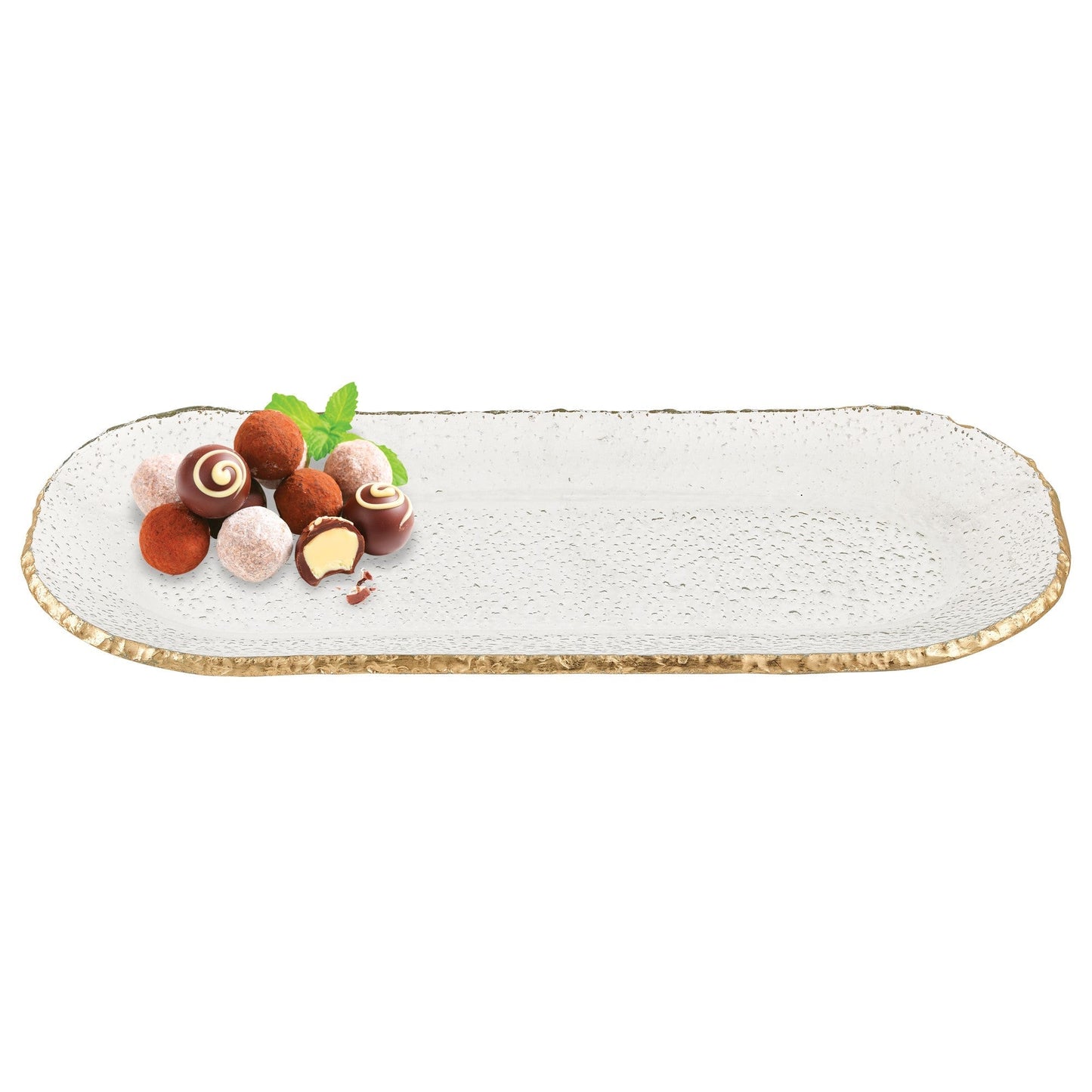 HomeRoots 18" Mouth Blown Oval Leaf Platter With Gold Edge Finish