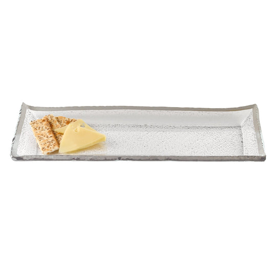 HomeRoots 18" Mouth Blown Rectangular Edge Silver Serving Platter or Tray