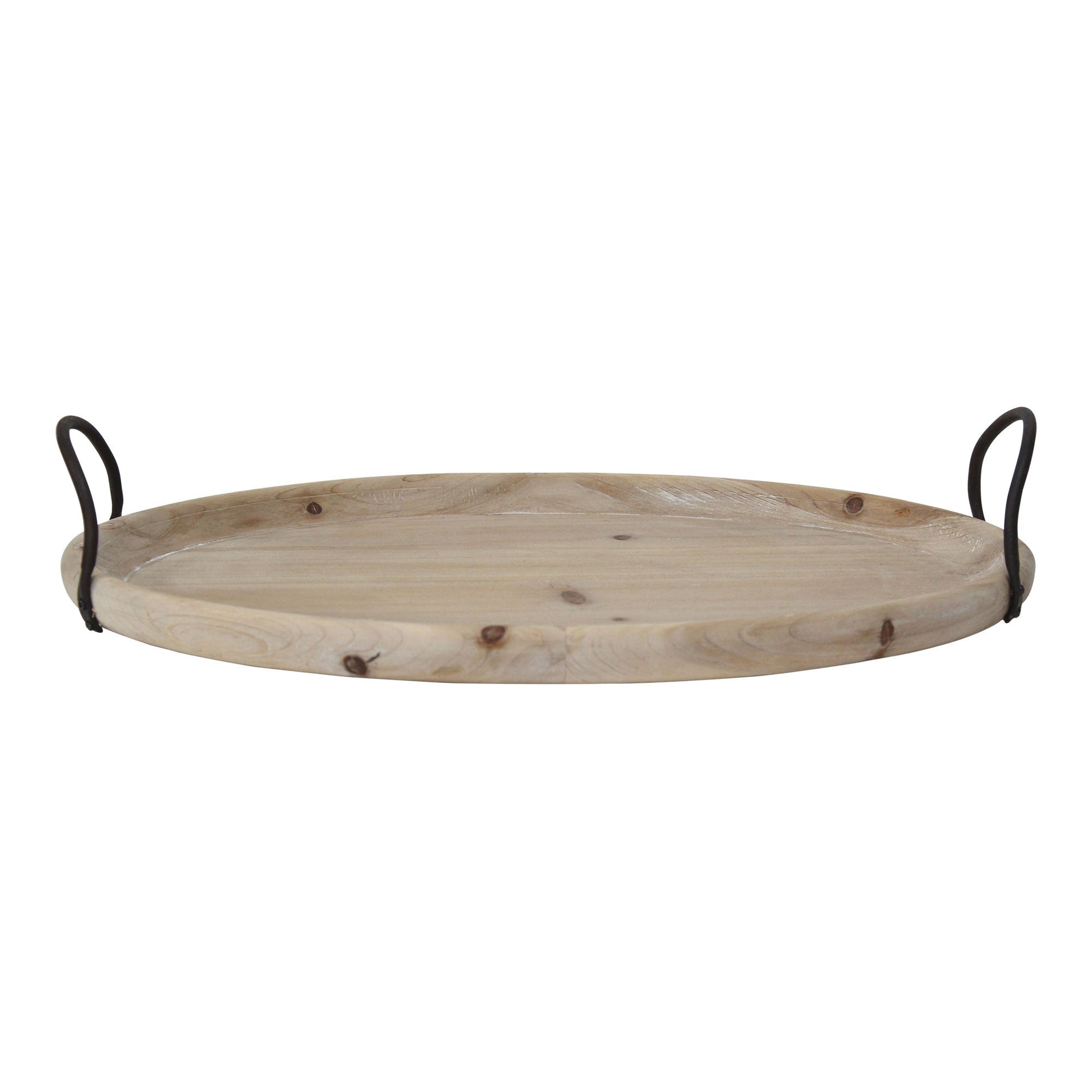 HomeRoots 18" Oval Natural Ivory-Finished Wood With Curved Black Metal Handles