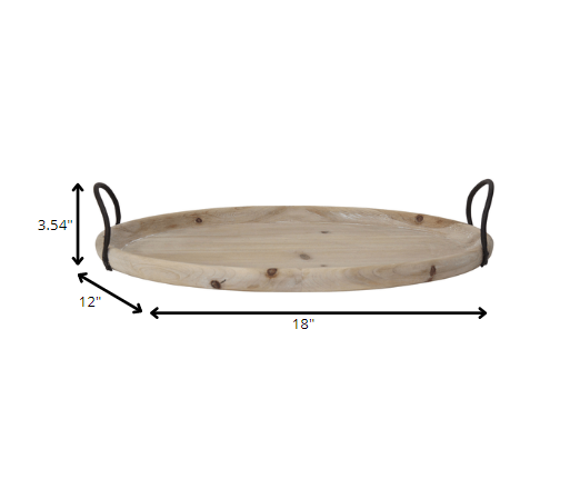 HomeRoots 18" Oval Natural Ivory-Finished Wood With Curved Black Metal Handles