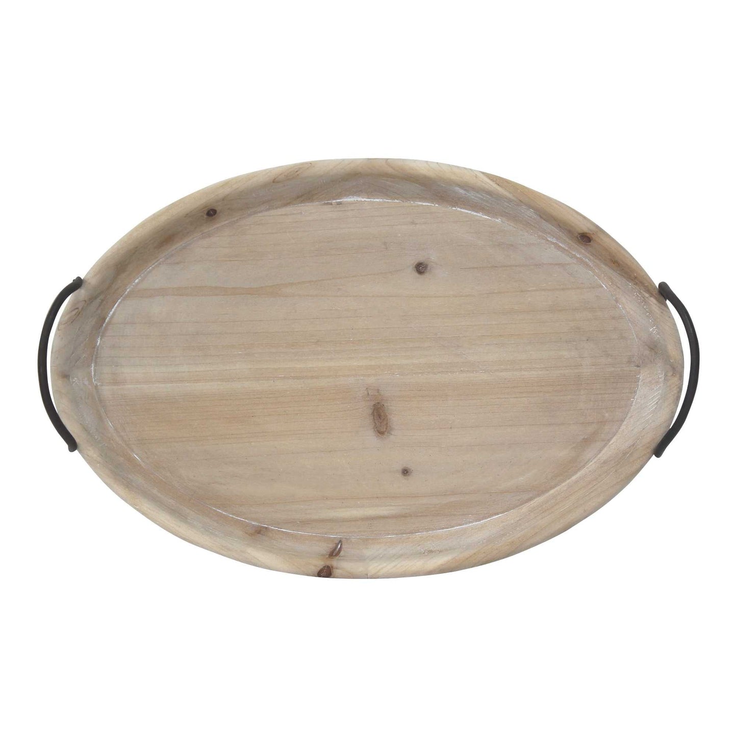 HomeRoots 18" Oval Natural Ivory-Finished Wood With Curved Black Metal Handles