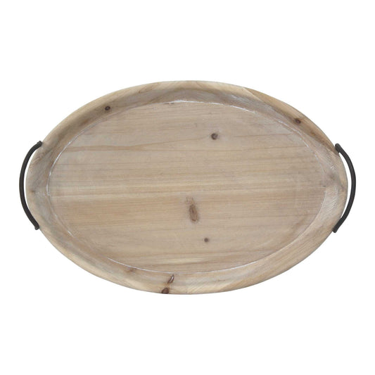HomeRoots 18" Oval Natural Ivory-Finished Wood With Curved Black Metal Handles