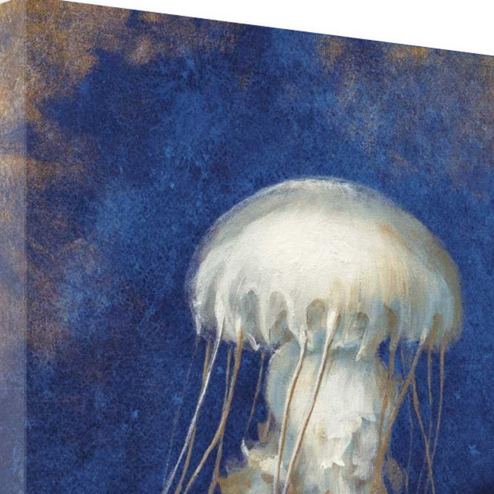 HomeRoots 18" Rustic Deep Blue and Gold Jelly Fish Giclee Wrap Canvas Wall Art