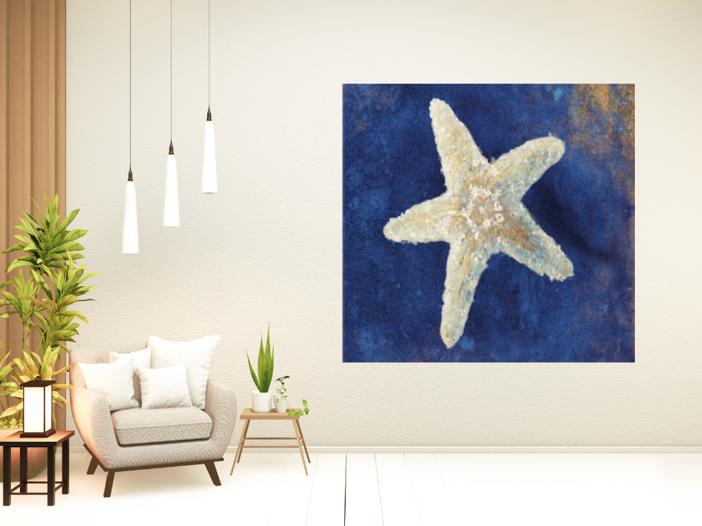 HomeRoots 18" Rustic Deep Blue and Gold Starfish Giclee Wrap Canvas Wall Art