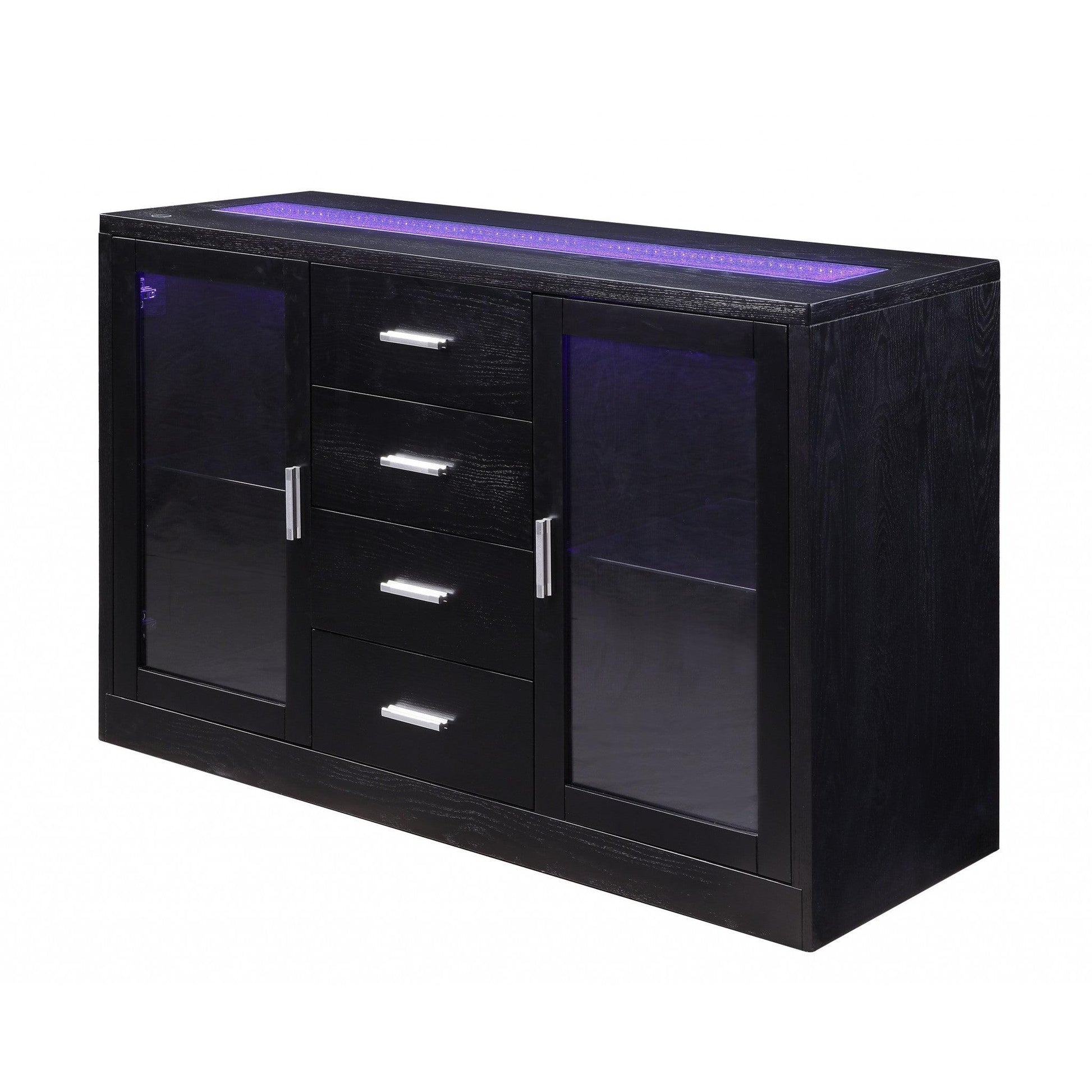 HomeRoots 18" x 52" x 34" Wood Led Glass Server With Black Finish
