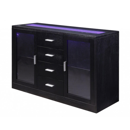 HomeRoots 18" x 52" x 34" Wood Led Glass Server With Black Finish