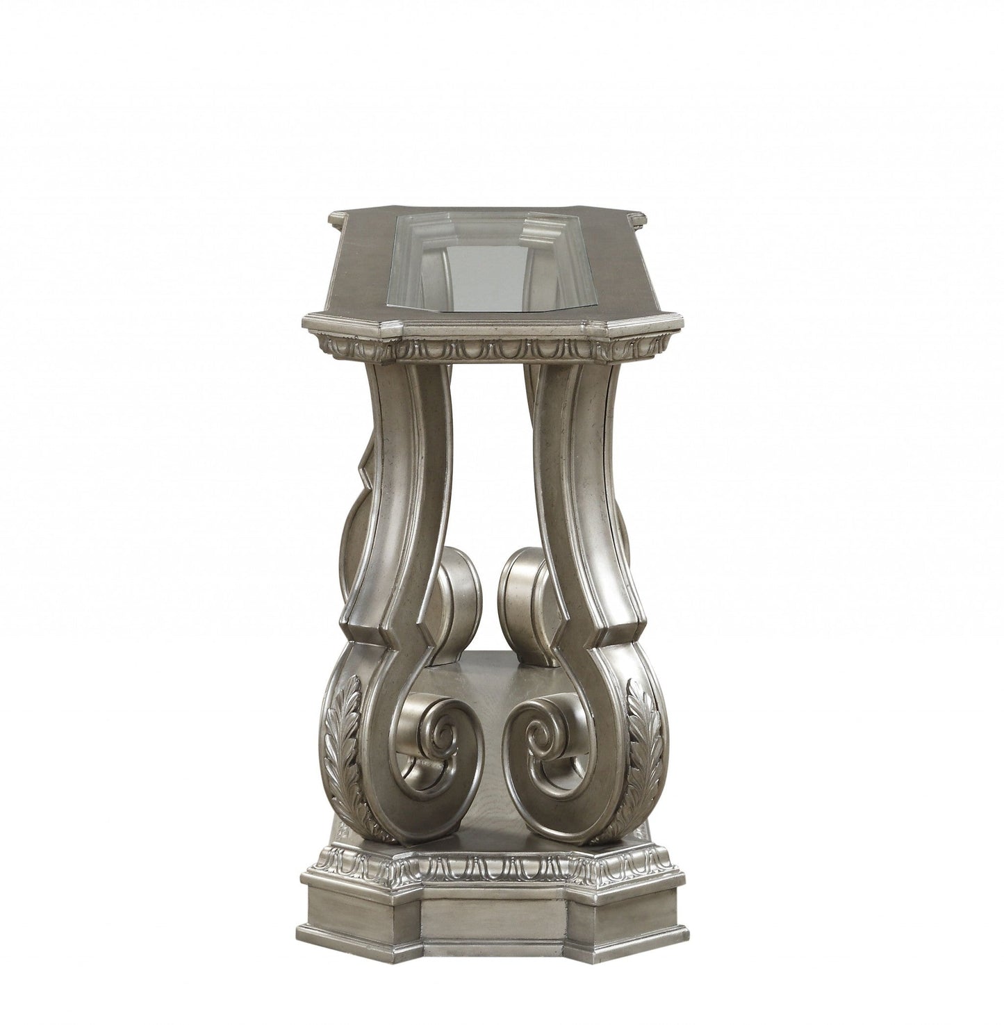 HomeRoots 18" x 54" x 30" Clear Glass And Wood Poly-Resin Sofa Table in Antique Champagne Finish