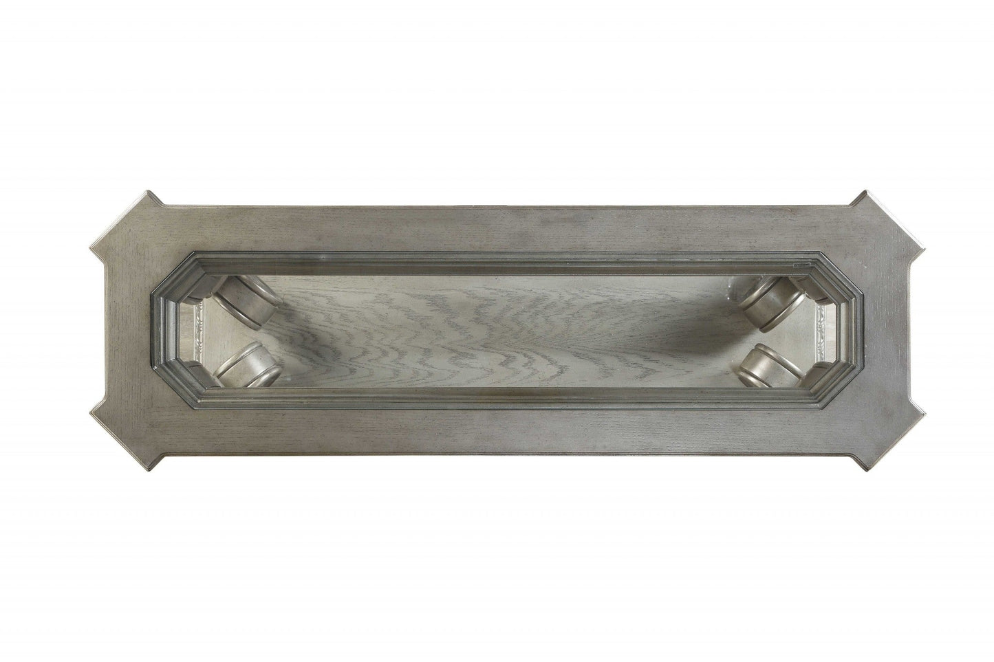 HomeRoots 18" x 54" x 30" Clear Glass And Wood Poly-Resin Sofa Table in Antique Champagne Finish