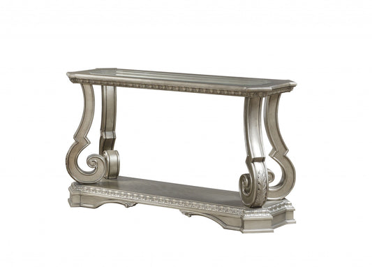 HomeRoots 18" x 54" x 30" Clear Glass And Wood Poly-Resin Sofa Table in Antique Champagne Finish