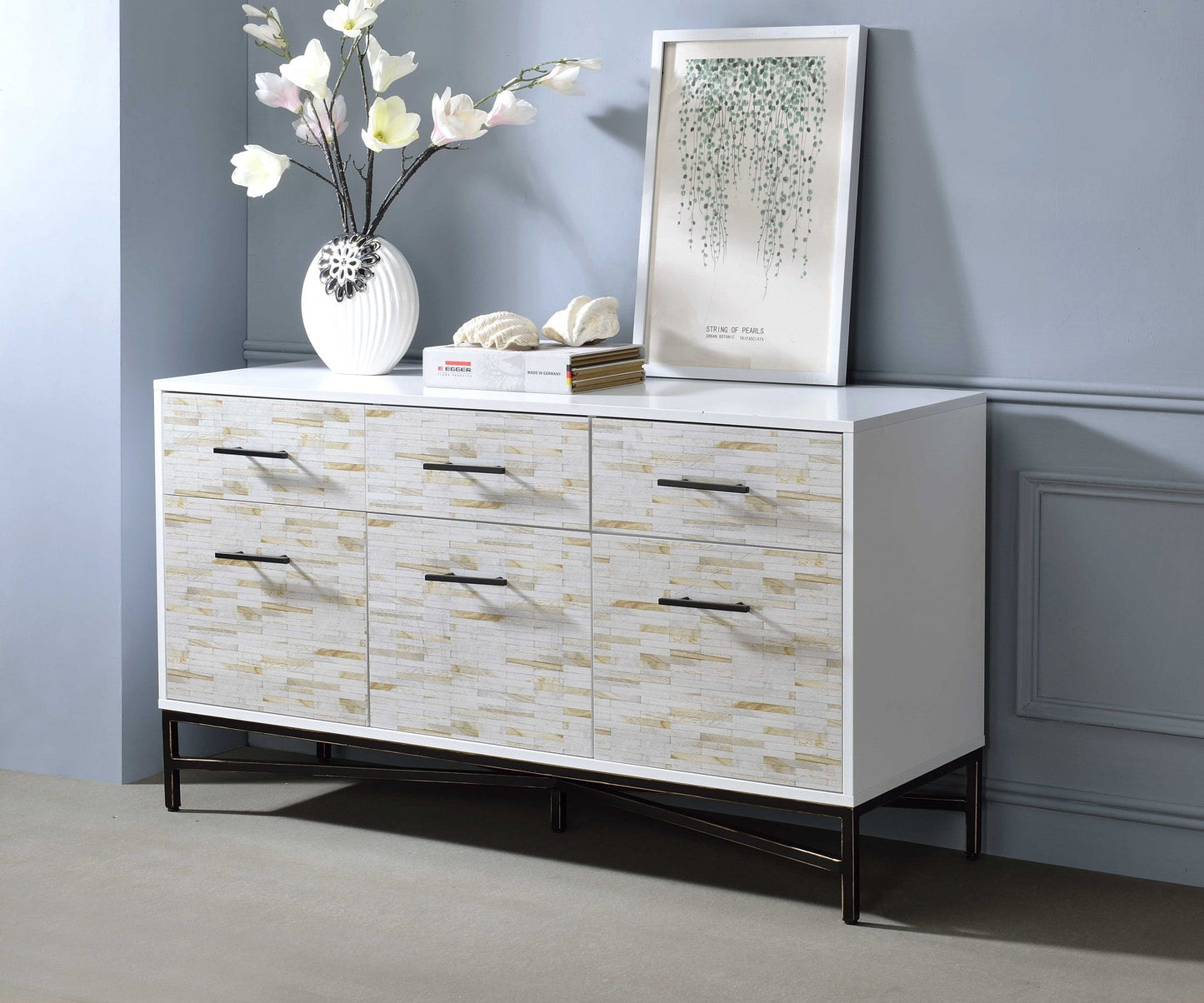 HomeRoots 18" x 54" x 30" White Metal Console Table With Weathered Wood Pattern