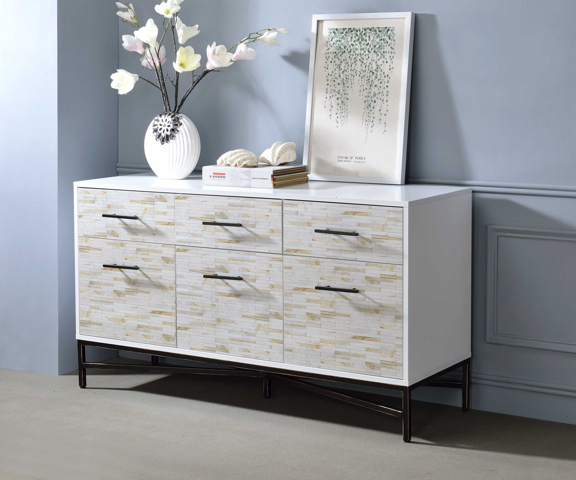 HomeRoots 18" x 54" x 30" White Metal Console Table With Weathered Wood Pattern