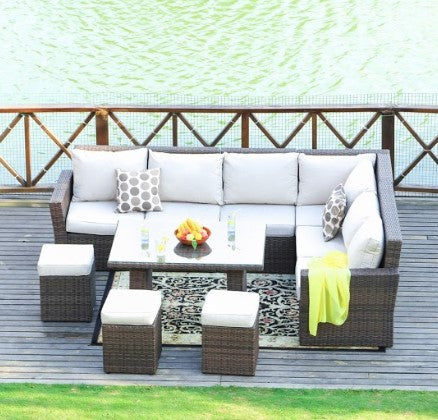 HomeRoots 180.96" x 33.54" x 34.71" Brown Outdoor Sectional Set With Cushions in Set of Eight