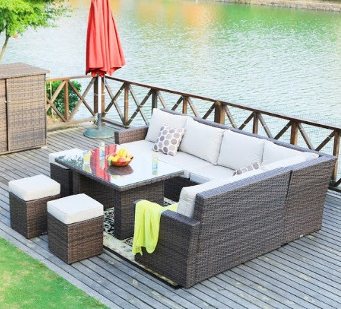 HomeRoots 180.96" x 33.54" x 34.71" Brown Outdoor Sectional Set With Cushions in Set of Eight