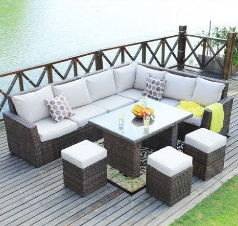 HomeRoots 180.96" x 33.54" x 34.71" Brown Outdoor Sectional Set With Cushions in Set of Eight