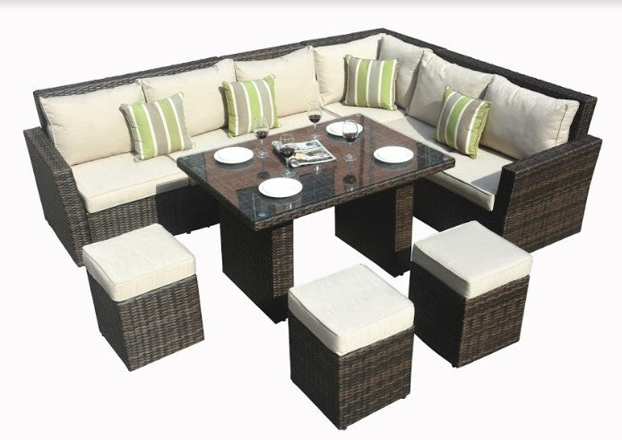 HomeRoots 180.96" x 33.54" x 34.71" Brown Outdoor Sectional Set With Cushions in Set of Eight