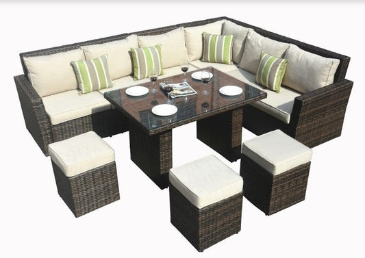 HomeRoots 180.96" x 33.54" x 34.71" Brown Outdoor Sectional Set With Cushions in Set of Eight