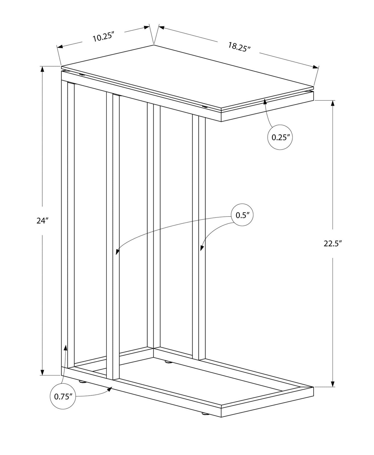 HomeRoots 18.25" x 10.25" x 24" Metal Tempered Glass Accent Table in Chrome Finish