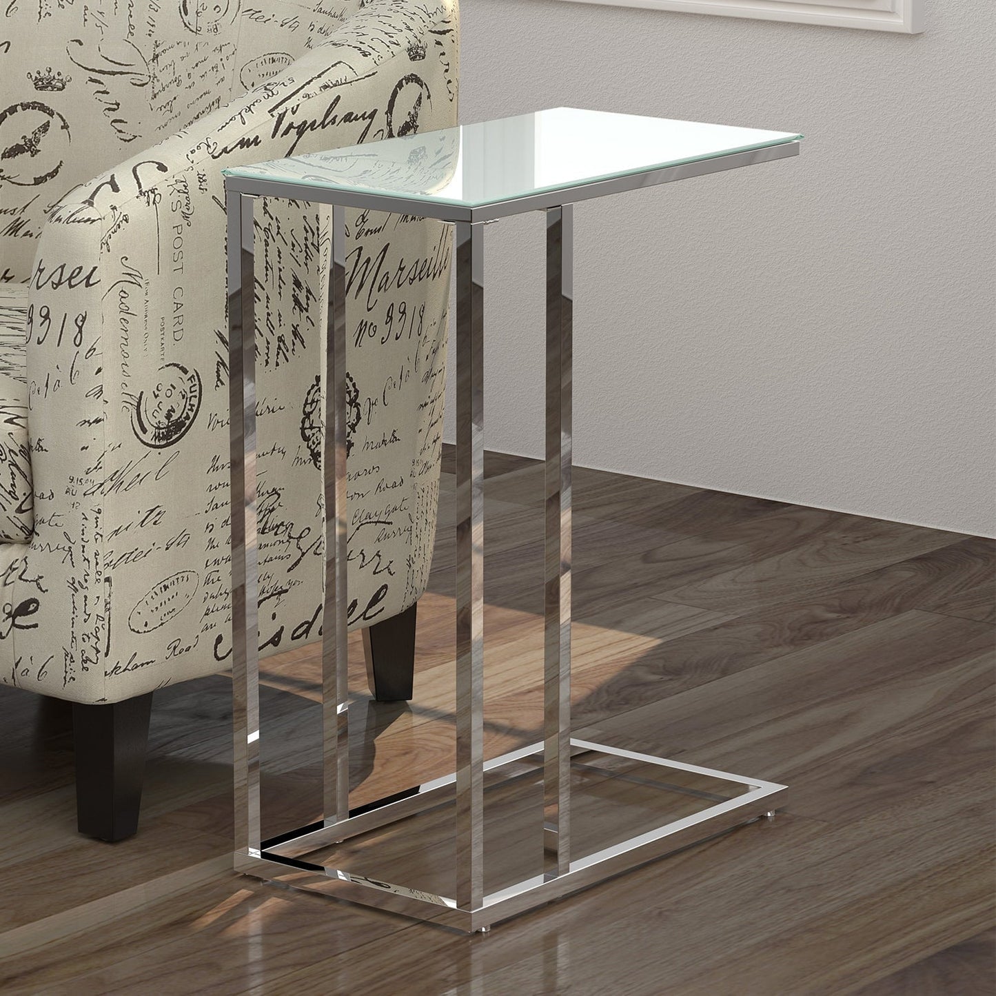 HomeRoots 18.25" x 10.25" x 24" Metal Tempered Glass Accent Table in Chrome Finish