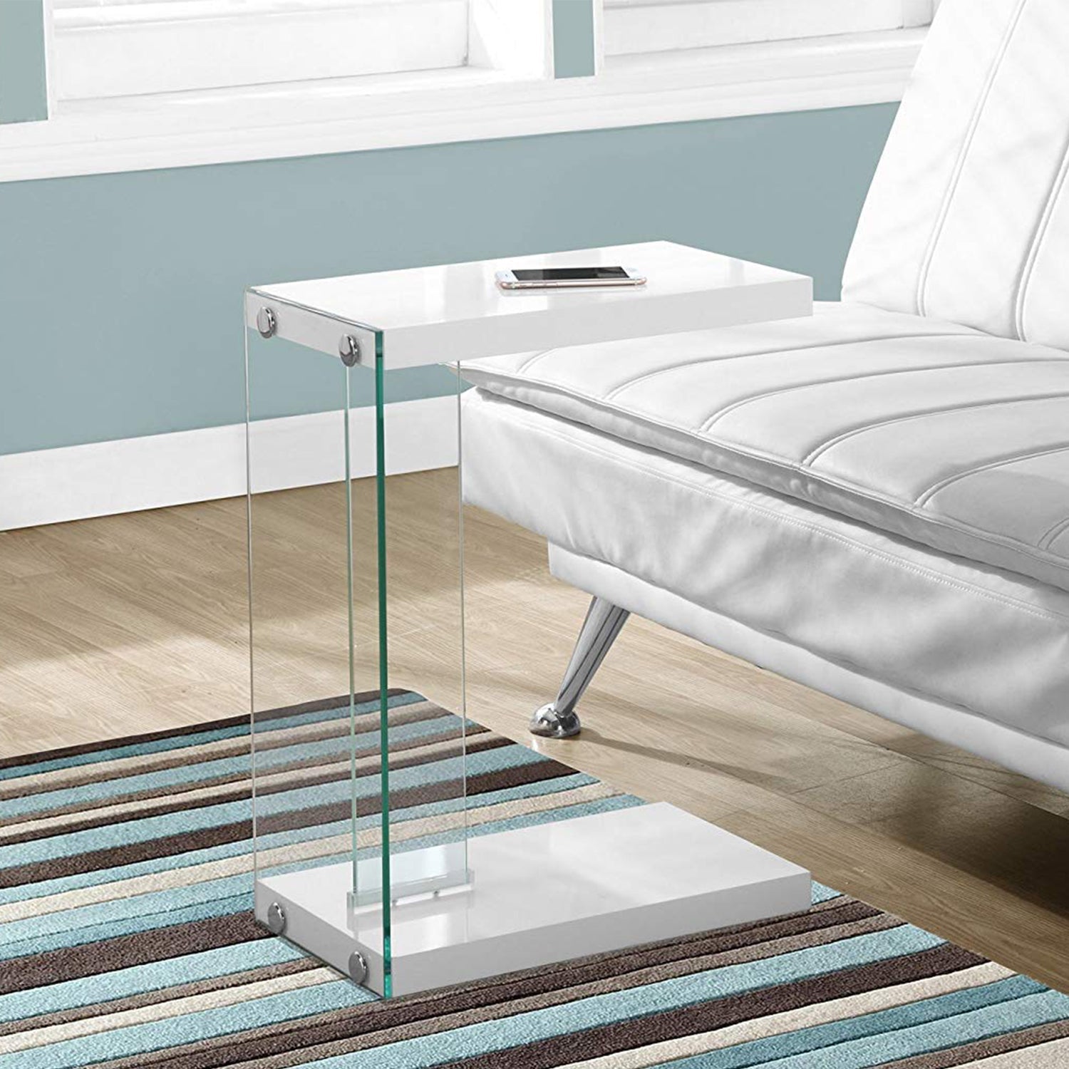 HomeRoots 18.5" x 10.25" x 24.75" Tempered Glass Accent Table in White Finish