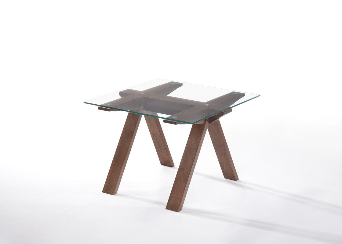 HomeRoots 19" Glass End Table With Walnut Wood Base