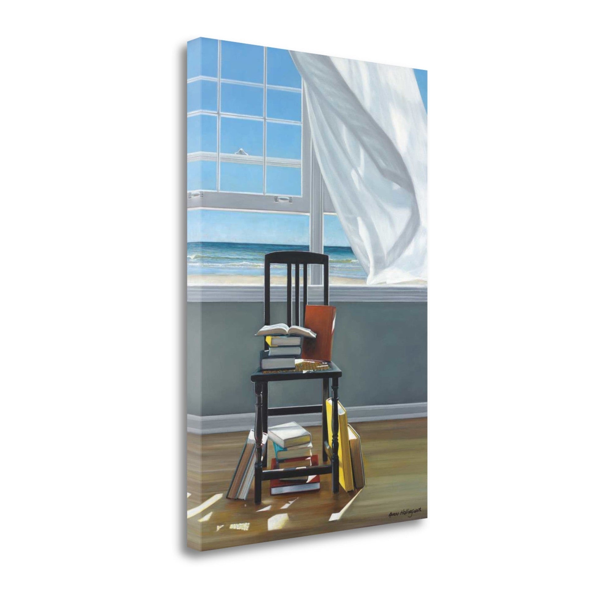HomeRoots 19" Reading Books by the Beach Giclee Print on Gallery Wrap Canvas Wall Art