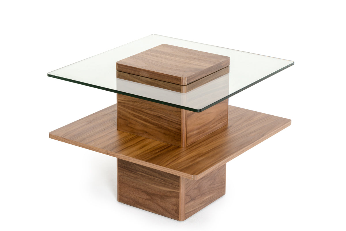 HomeRoots 19" Veneer and Glass End Table in Walnut Finish